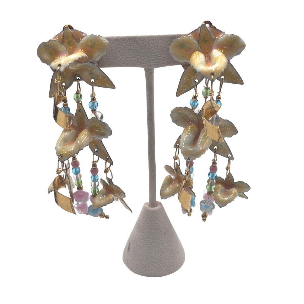 Lunch at The Ritz Vintage Orchid Flower Enameled Clip On Statement Earrings Gold